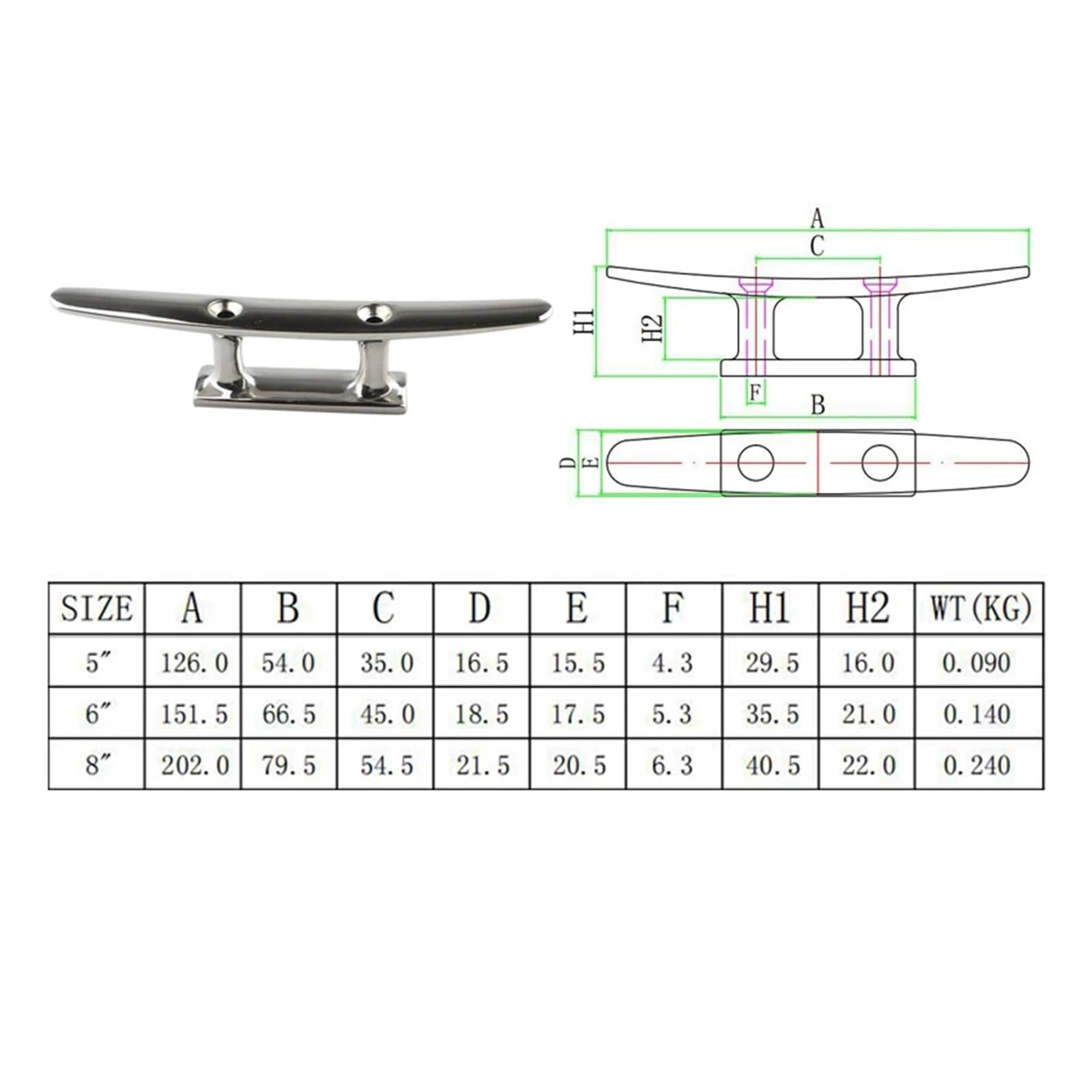 Stalowe knagi dokowe do łodzi, Sporty wodne 4 szt. 5" 6" 8" Combo knaga cumownicza 2 otwory polerowana stal nierdzewna 316 knagi do łodzi morskich do pokładu łodzi lina do wiązania jachtów akcesoria ż