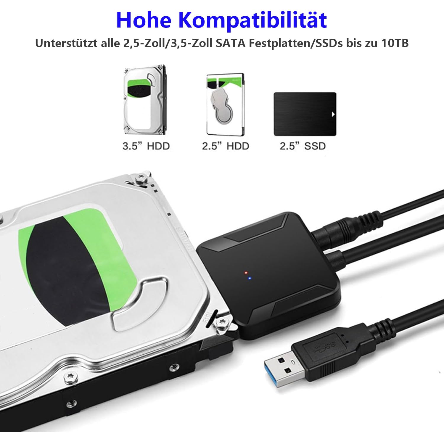 Adaptateur USB SATA 3.0 Vers USB – SSD/HDD 2.5" & 3.5" – UASP – Alim 12V Incluse – GERUI