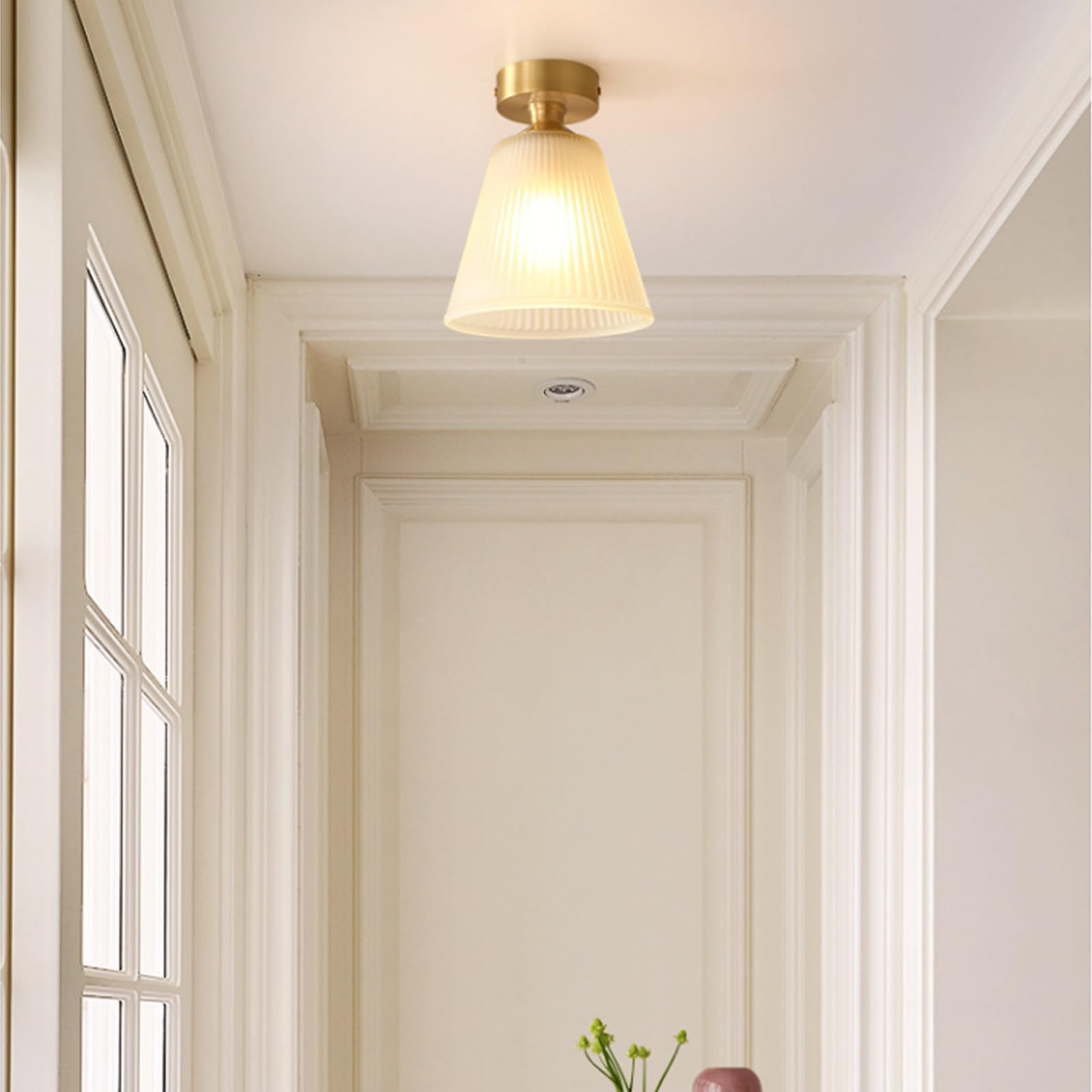 Złota lampa sufitowa do montażu podtynkowego, nowoczesna lampa wisząca z żebrowanego szkła z połowy wieku, mała lampa sufitowa do przedpokoju, salonu, korytarza, łazienki