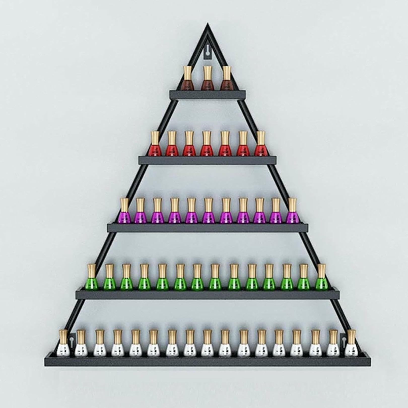Este Soporte de Pared para esmaltes de uñas Cuenta con un diseño de 5 Niveles y Puede Contener frascos de Esmalte de uñas, perfumes y pintalabios.