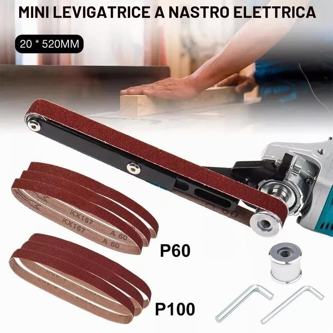 Mini smerigliatrice con 6 cinghie abrasive (60/120 ogni 3 pezzi), lucidatrice multifunzione senza fili, mini levigatrice fai da te per smerigliatrici angolari elettriche da 100/115/125 mm