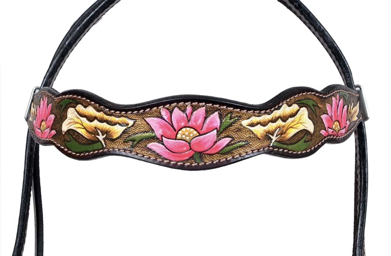 CHALLENGER Horse Horse Western Pink Lotus Hand-Painted Leather Bridle & Breast Collar Tack Set 78HR102B
