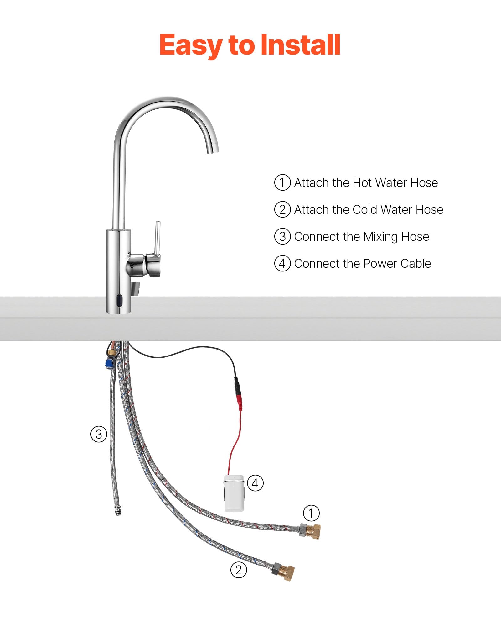 VEVOR Grifo de Lavabo sin Contacto para Baño, Grifo Automático Manual con Sensor para Lavabo e Inodoro, Cuello de Cisne, Cromado Plateado, Resistente a la Corrosión, 104 x 52 x 395 mm, 7,6 L/min
