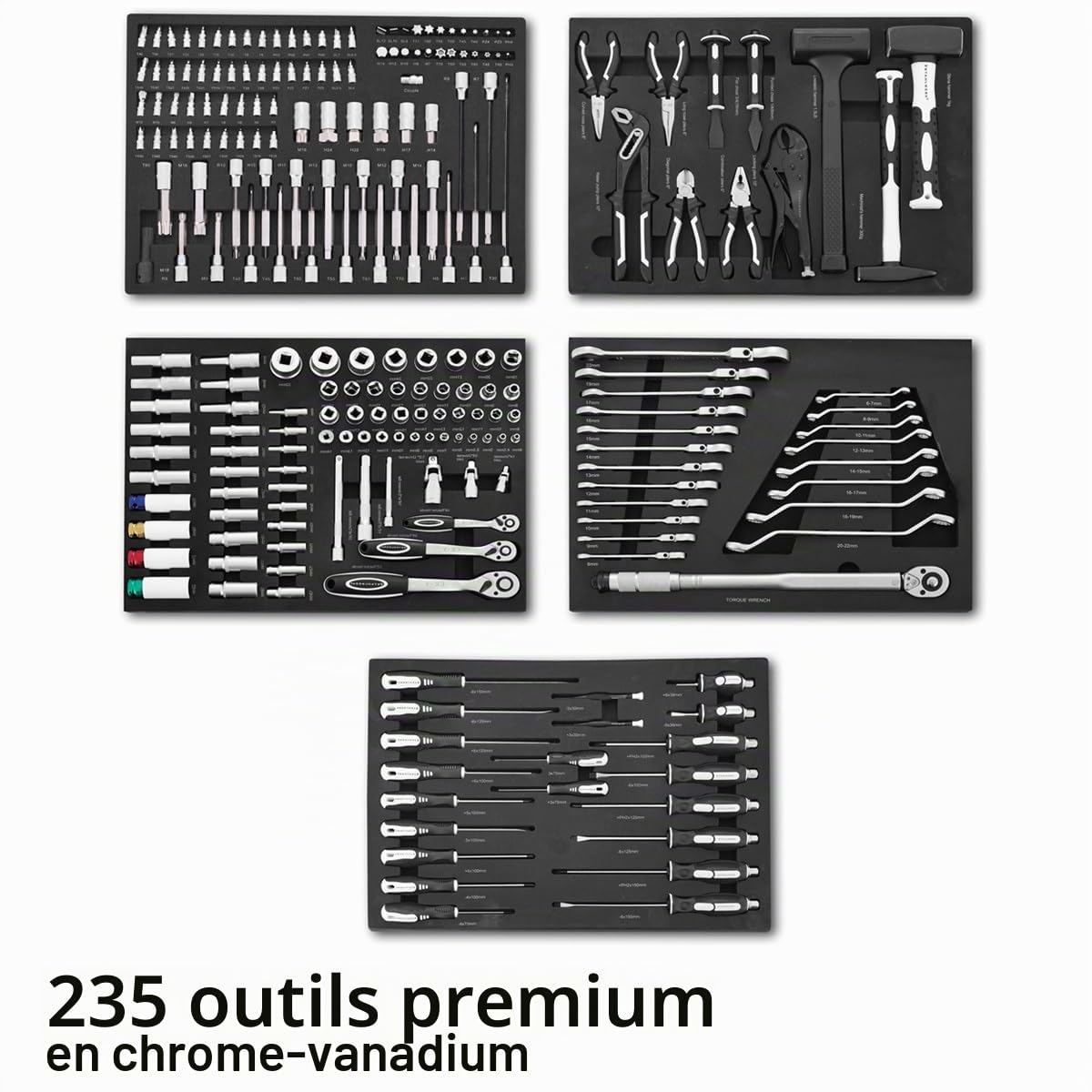 STAHLWERK Chariot d'atelier CROW, Outillage équipé de 235 outils de qualité supérieure en chrome vanadium - Chariot de montage professionnel avec 7 tiroirs et roulettes Long-Life caoutchoutées