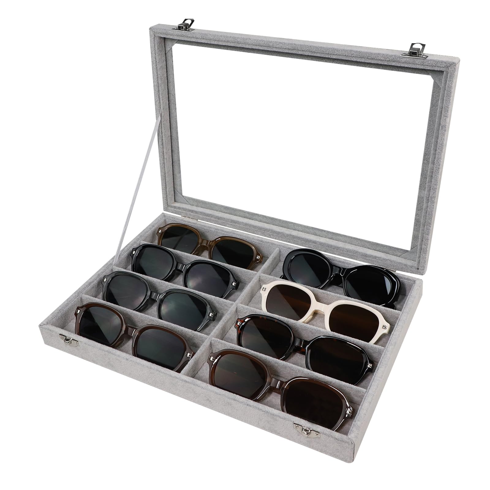 Wudygirl Jewelry organizer Sunglass Organizer 8 Slot Velvet Jewelry Tray Sunglasses Case with Lid Multi Eyeglass Case for Women Men（8 Grid