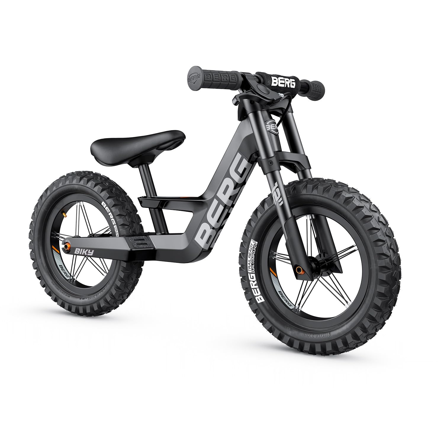 Berg Biky Cross, bicicletta nera con freno a mano a partire dai 2 anni, pneumatici, telaio leggero in magnesio, veicolo antiscivolo da 12 pollici, bicicletta per bambini ragazzi e ragazze, sella