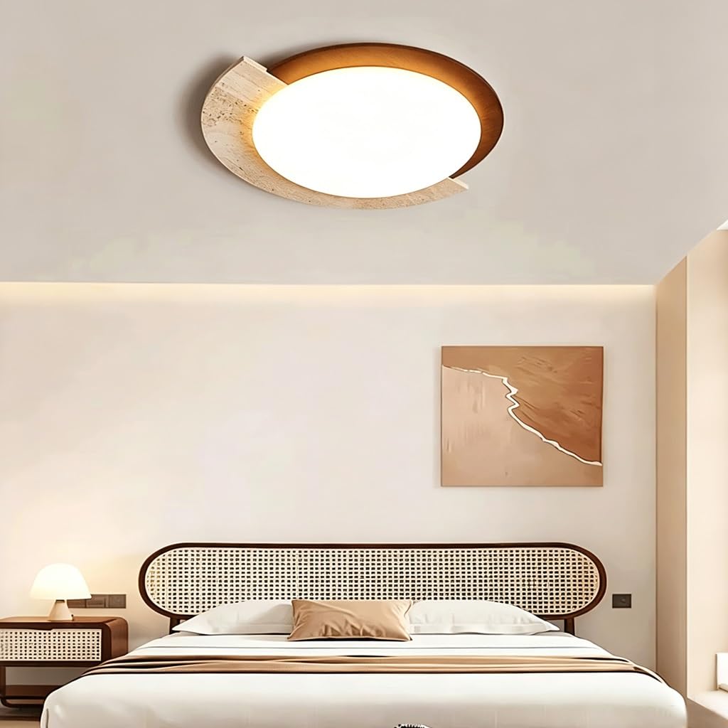 Lámpara De Techo De Piedra Huangdong De Estilo Wabi-sabi LED 52 W Lámpara De Techo Redonda Con Marco De Madera Maciza Temperatura De Color Regulable En Tres Tonos Ideal Para El Salón