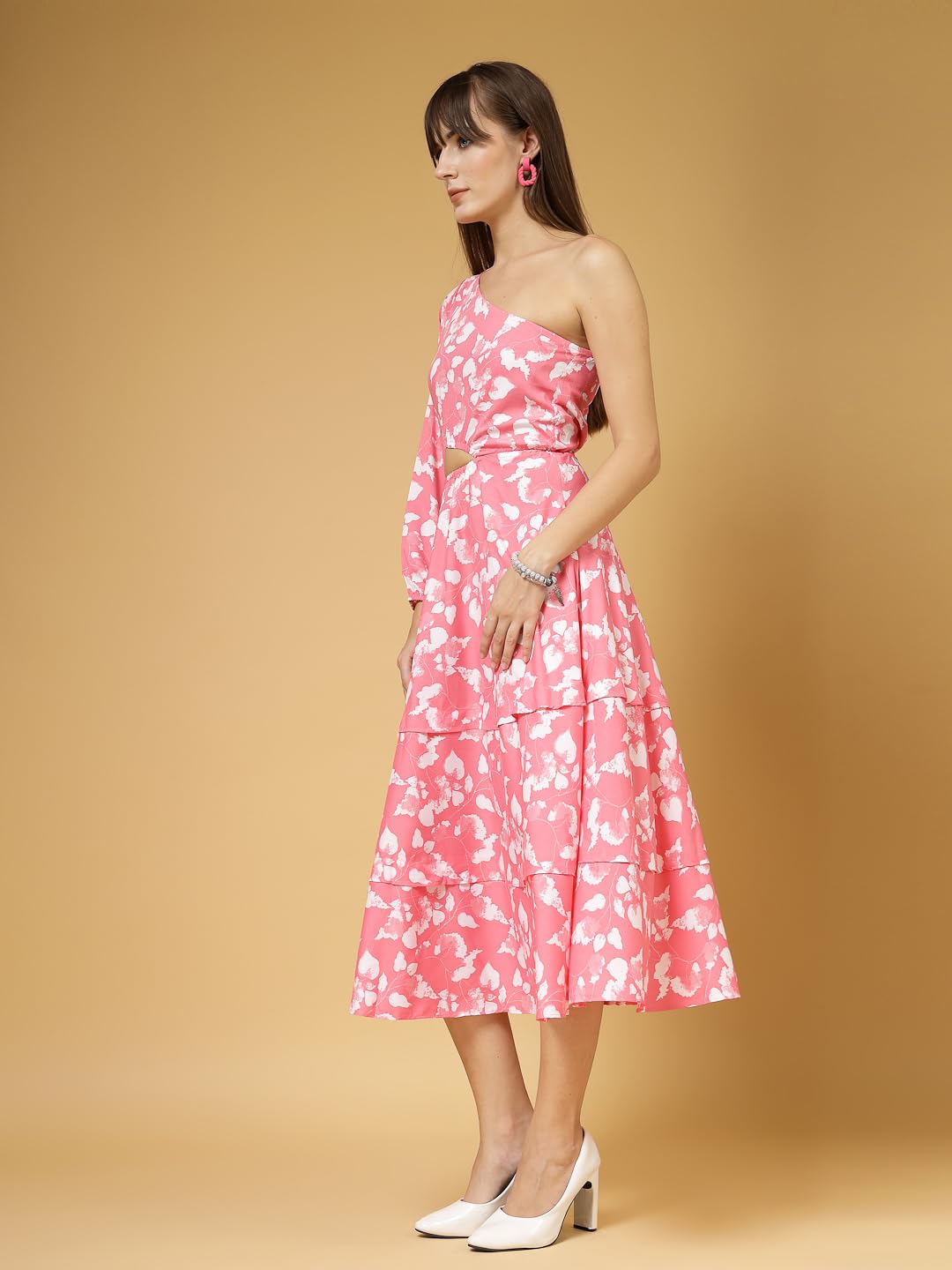Oomph Women's Western & Fusion Wear Printed Crepe Dress For Women, One Shoulder, Pink - Md1062