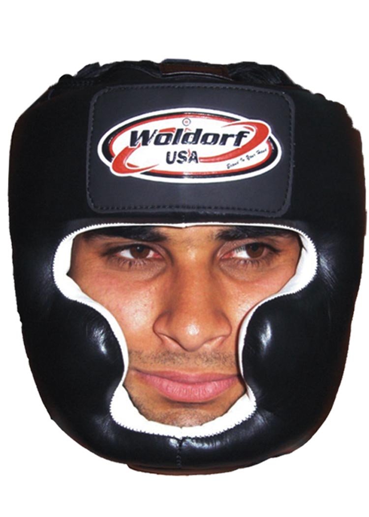 Woldorf USA Boxing Head Guard in Leather with Chin Protection,Sparring MMA (Black, Large)