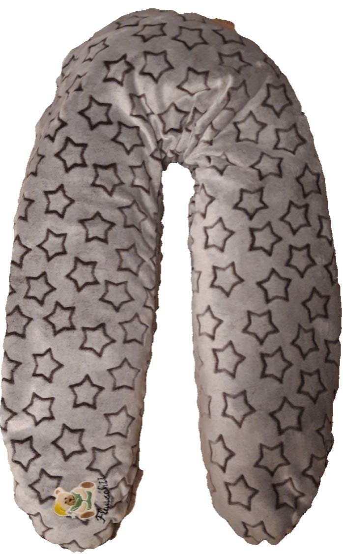 Original handgemachte Stillkissen XXL und Mini Stillkissen (für unterwegs) Set von Flauschii Wellness Fleece Schwangerschaftskissen Logo leuchtet im Dunkeln Bezug ultra weich (Braun mit Sternen)