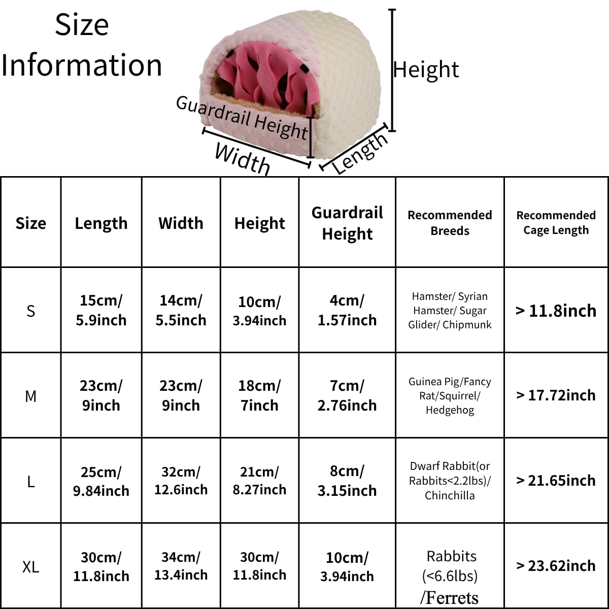 Warmes Plüsch-Hütte für Meerschweinchen, Igelversteck und Rattenhaus für Kleintiere, Kaninchen, waschbar, Chinchilla-Hamsterbett, gemütliches Nest, Käfigzubehör (Rosa, XL)