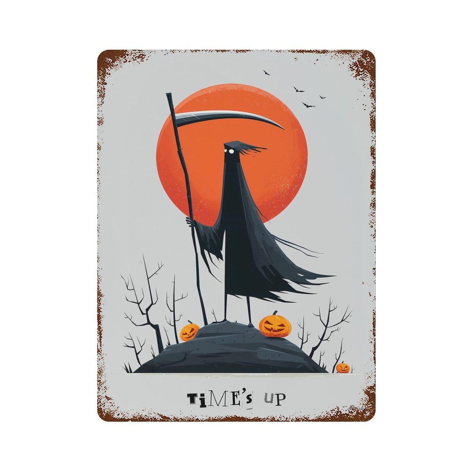 Rusty Metal Tin Sign with Time’s Up — Grim Reaper Halloween Art Design 15.7"x11.8", for Farmhouse, Kitchen And Entryway Decor, Rustic Home Decor