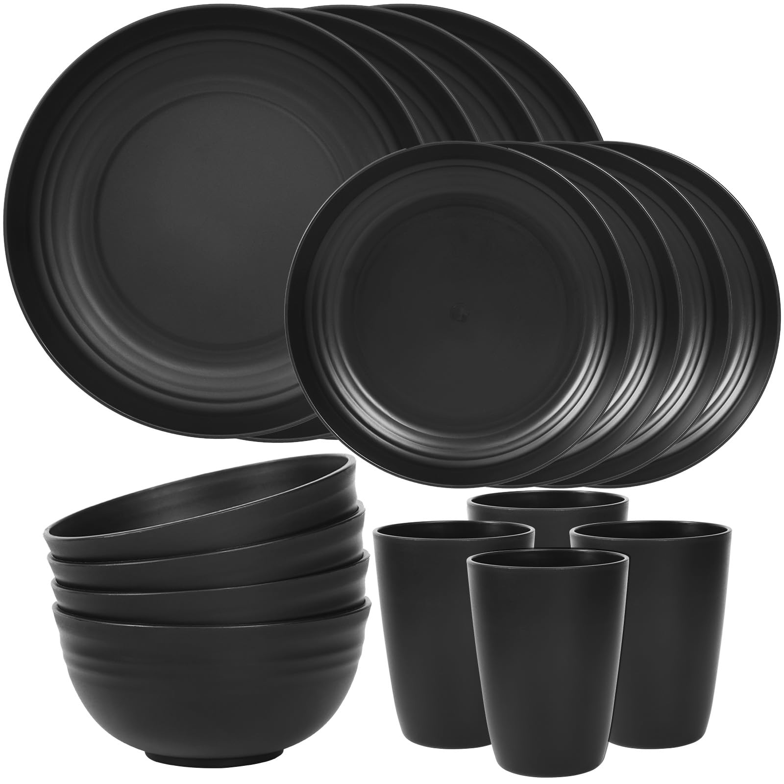 Quatish Kunststoff Geschirrset aus PP, Unzerbrechliches Camping Geschirr Set für 4 Personen, 16PCS Wiederverwendbare Tafel-Set für Kinder und Erwachsene, Geschirrspüler Mikrowelle Sicher, Schwarz