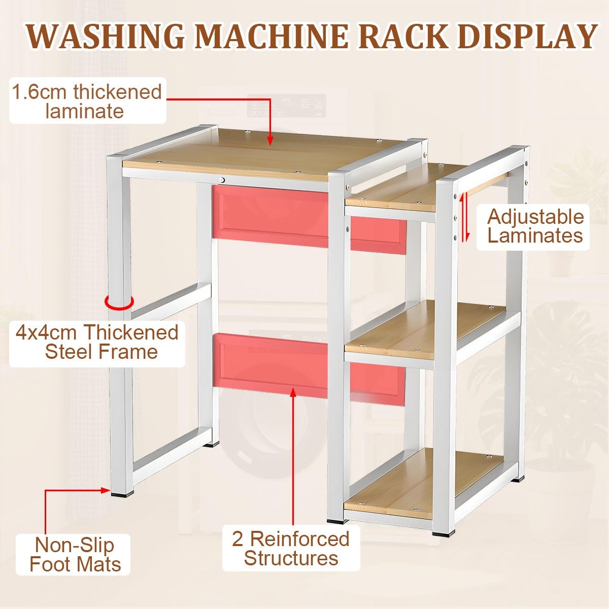 Scaffale Lavatrice Asciugatrice Con Telaio Laterale, Lavatrice Scaffale Tamburo Lavastoviglie Ripiano Di Stoccaggio, 3 Regolabili In Altezza Per Bagno, Lavanderia(Black)