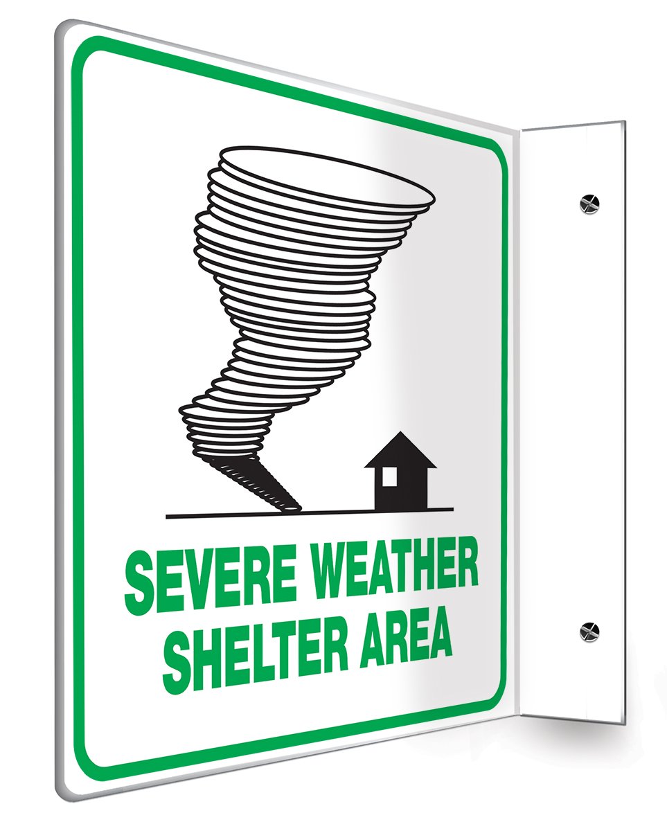 Accuform PSP252 Projection Sign 90D, "Severe Weather SHELTER Area", 8" x 8" Panel, 0.10" Thick High-Impact Plastic, Pre-Drilled Mounting Holes, Green/