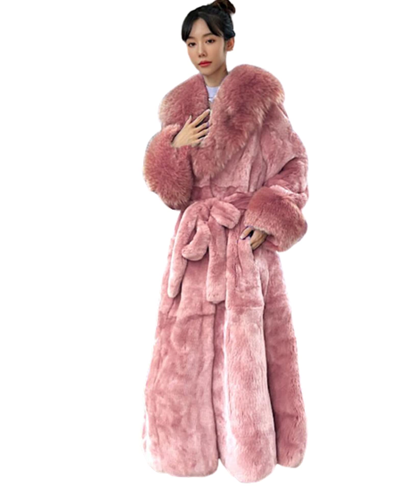 Womens Winter Fur Collar Coats, Women Faux Furs Coat Warm Outerwear Long Coat, Ladies Loose and Casual Outwear,Pink,3XL