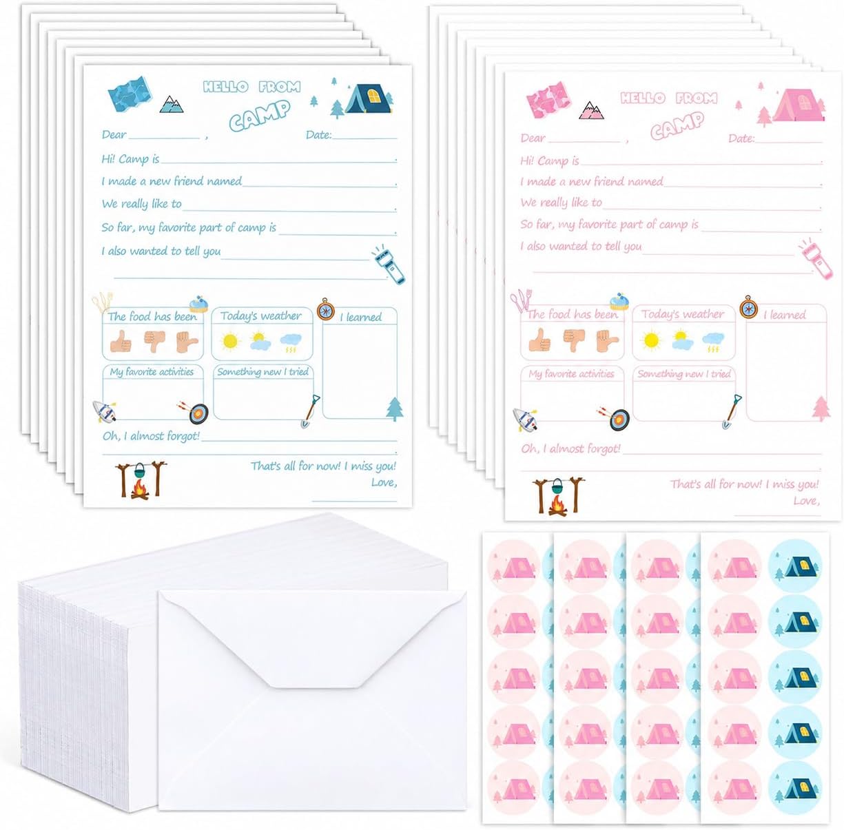 120 Pcs Camp Stationery flat Cards Set With envelopes and stickers Notepad Set for Campers Boys and Girls 5. 9 x 7. 87 in Fill in The Blank Sleepaway Camp (Boys and Girls Fill in the Blank)