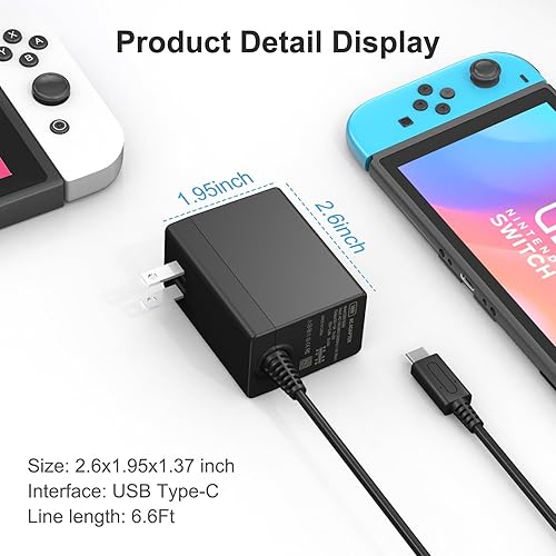 Miniatura 7 de 39W Charger,Compatible with Nintendo Switch with 6.6FT USB C Cord, 15V2.6A Power Supply Compatible with Nintendo Switch, Supports TV Mode and Dock