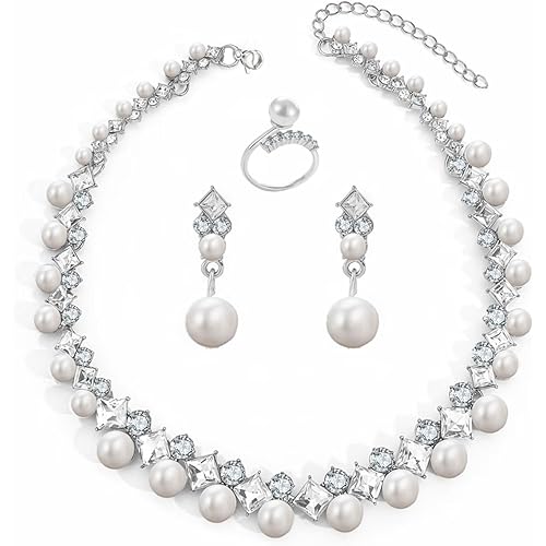 la luen Pearl Bride Wedding Jewelry Set Faux Pearls Crystal Rhinestone Necklace Earrings Bracelet Sets for Women Bridesmaid(3 PCS)