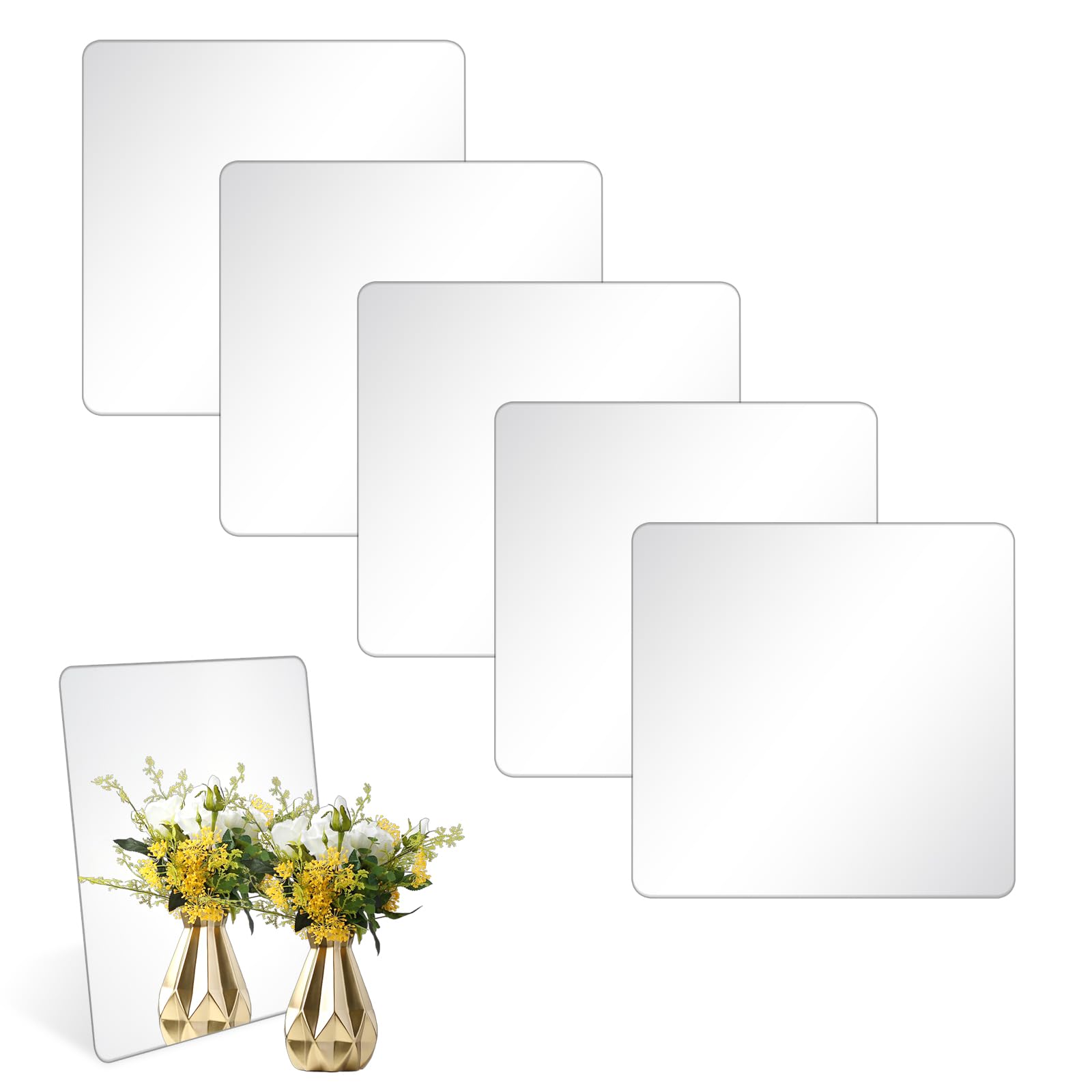 6 Pack Self Adhesive Acrylic Mirror 8 x 8 Inch Flexible Frameless Square Shatterproof Peel and Stick on