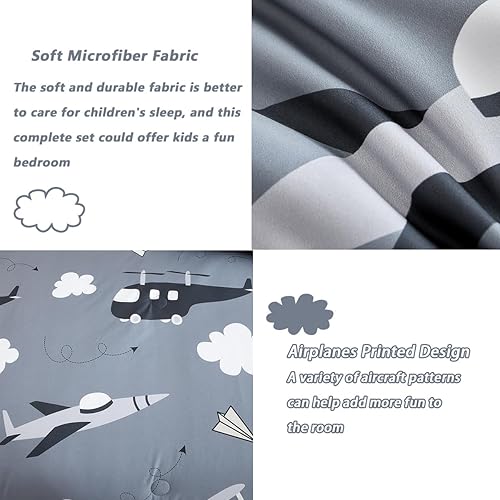 Miniatura 7 de PERFEMET Juego de edredón tamaño matrimonial de 6 piezas para niños, estampado de aviones grises, suave, reversible, con helicóptero, para niños,