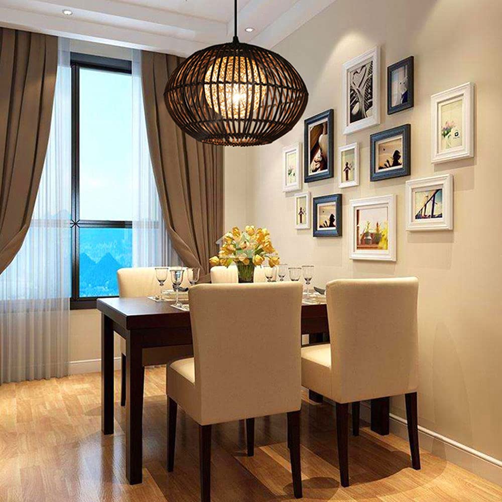 Czarna Rattanowa Lampa Wisząca Okrągła, Ręcznie Tkana Wiklinowa Lampa Wisząca Jadalnia Salon Dekoracyjne Oświetlenie Sufitowe Wisząca Lampa Oprawa Retro Latarnia E27