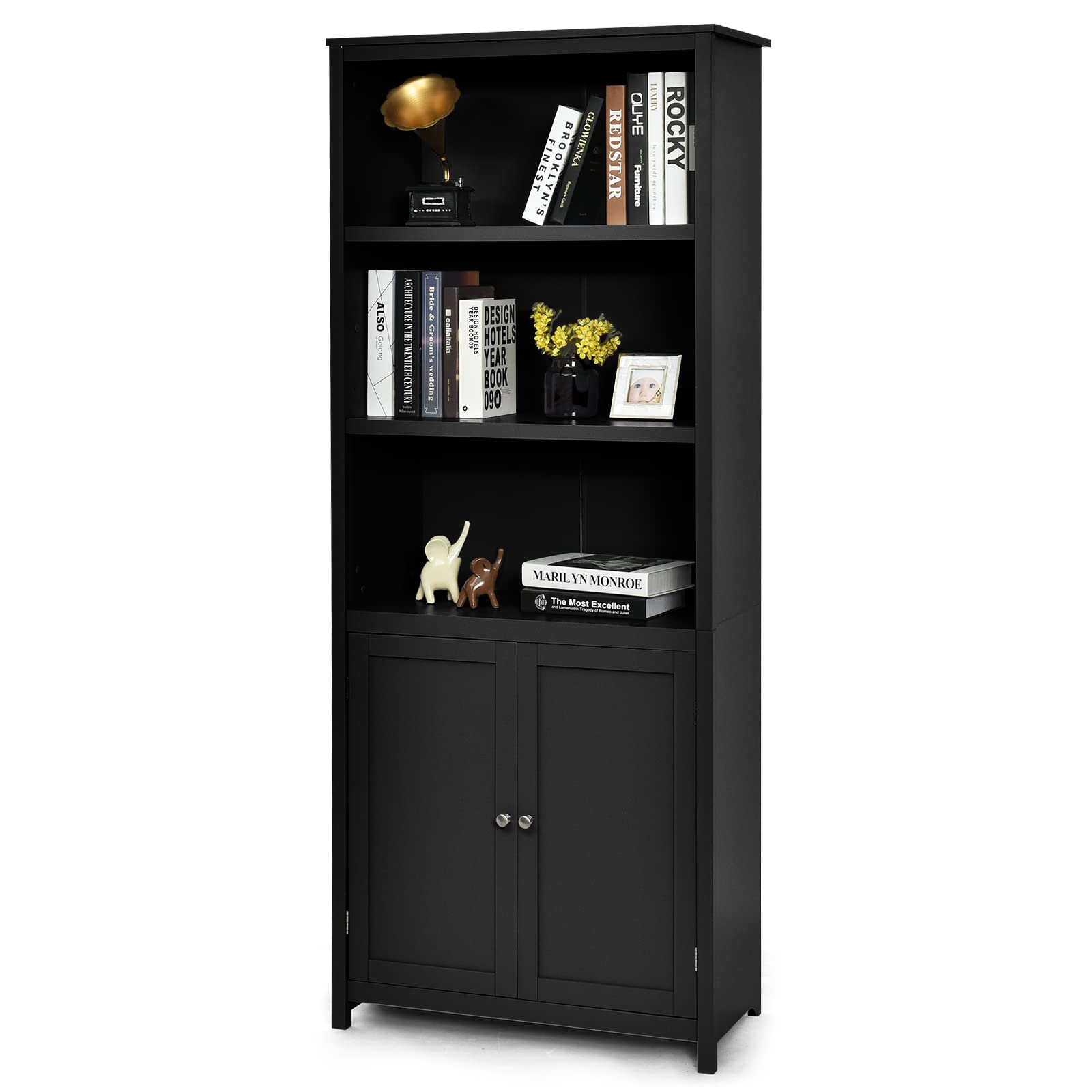 SFAREST Wooden Bookcase, 5 Tier Freestanding Bookshelf with 2 Doors Cupboard & 2 Adjustable Shelves, 5-Tier Storage Shelving Display Shelf Cabinet Unit for Living Room Bedroom Hallway Office (Black)