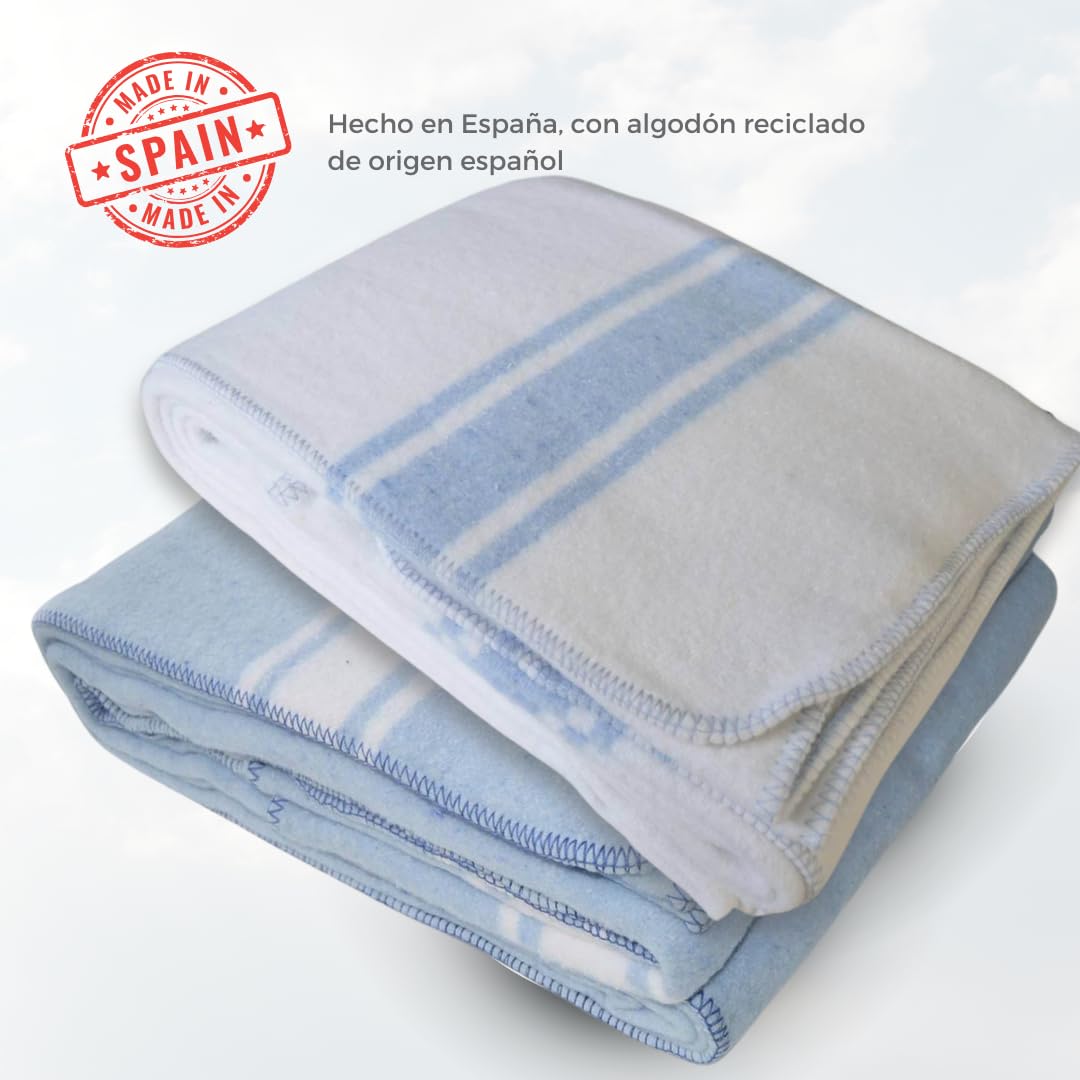 Manta Algodón Mallorquina para Cama o Sofá, Manta de Tacto Suave Ideal para Primavera, Relax o Yoga de algodón Reciclado Hecho en España 220x240 - Azul/Raya Blanca
