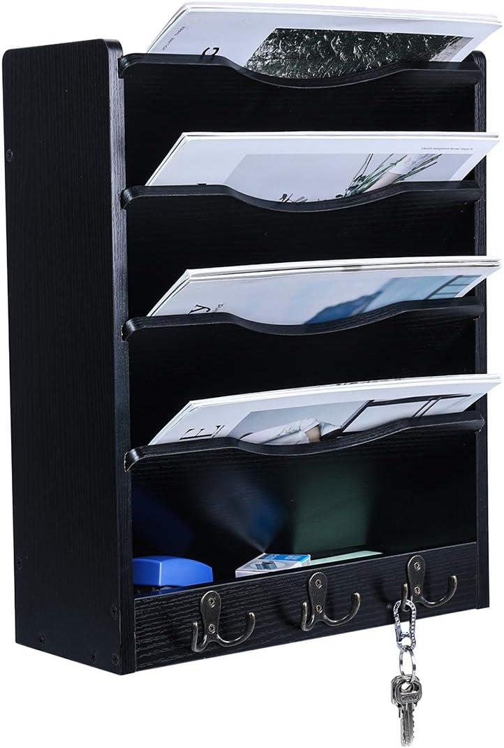 PAG 5-Tier Wall File Holder Hanging Mail Organizer Wood Magazine Literature Rack with 6 Hooks, Black