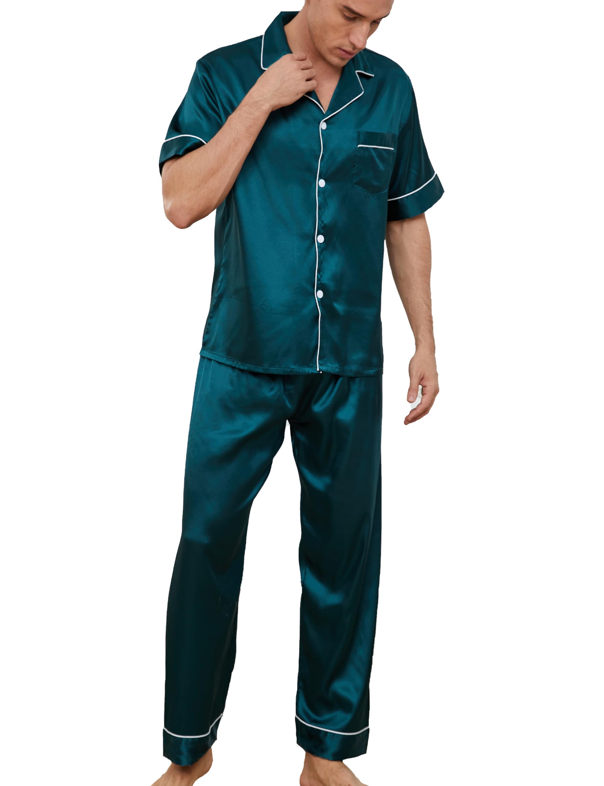 GAESHOW Mens Silk Pajama Set, Short Sleeve Silk Satin Pajamas for Men Soft Mens Loungewear Sets 2 Piece Button Down Pjs Set