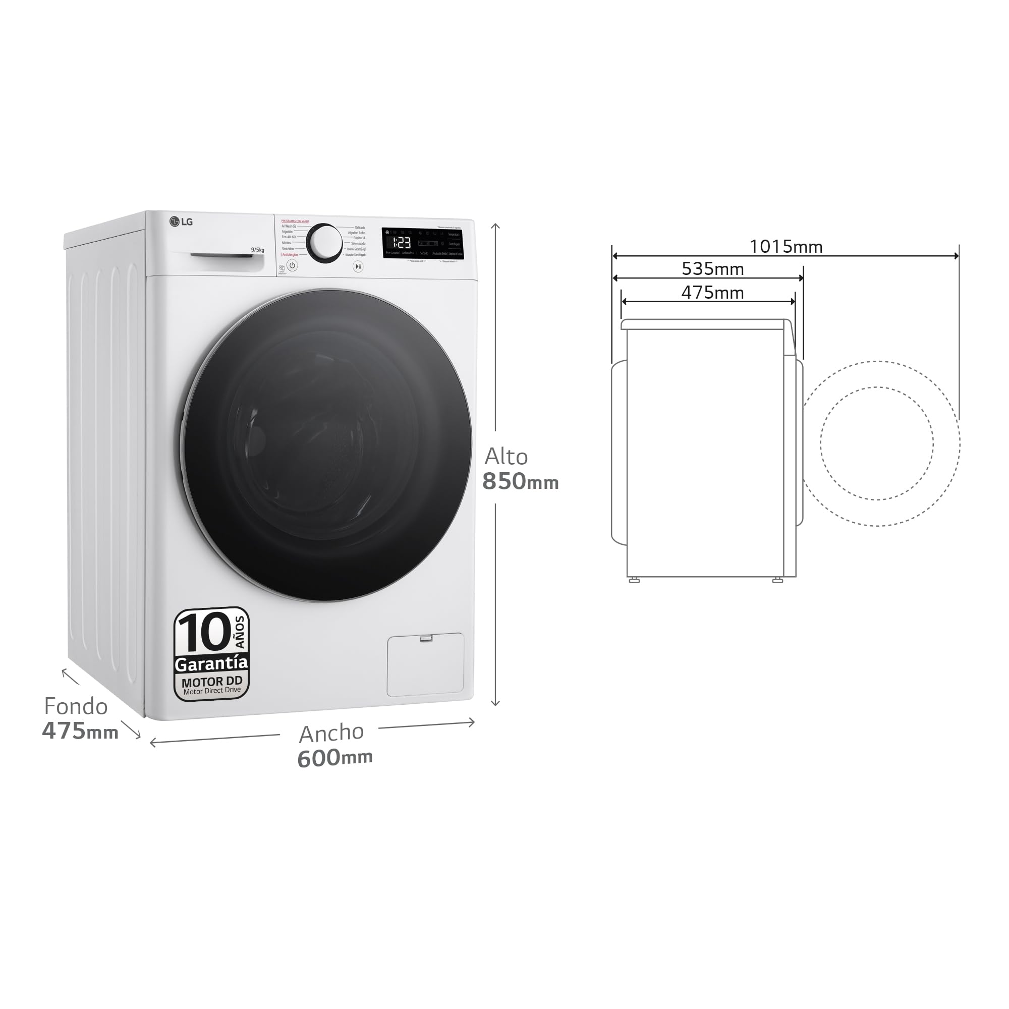 LG F2DR5S09A1W - Lavadora Secadora Inteligente, 9/5kg, AI Direct Drive, 1400rpm, Carga Frontal, TurboWash 360º, Vapor Steam, Serie 500, Blanco