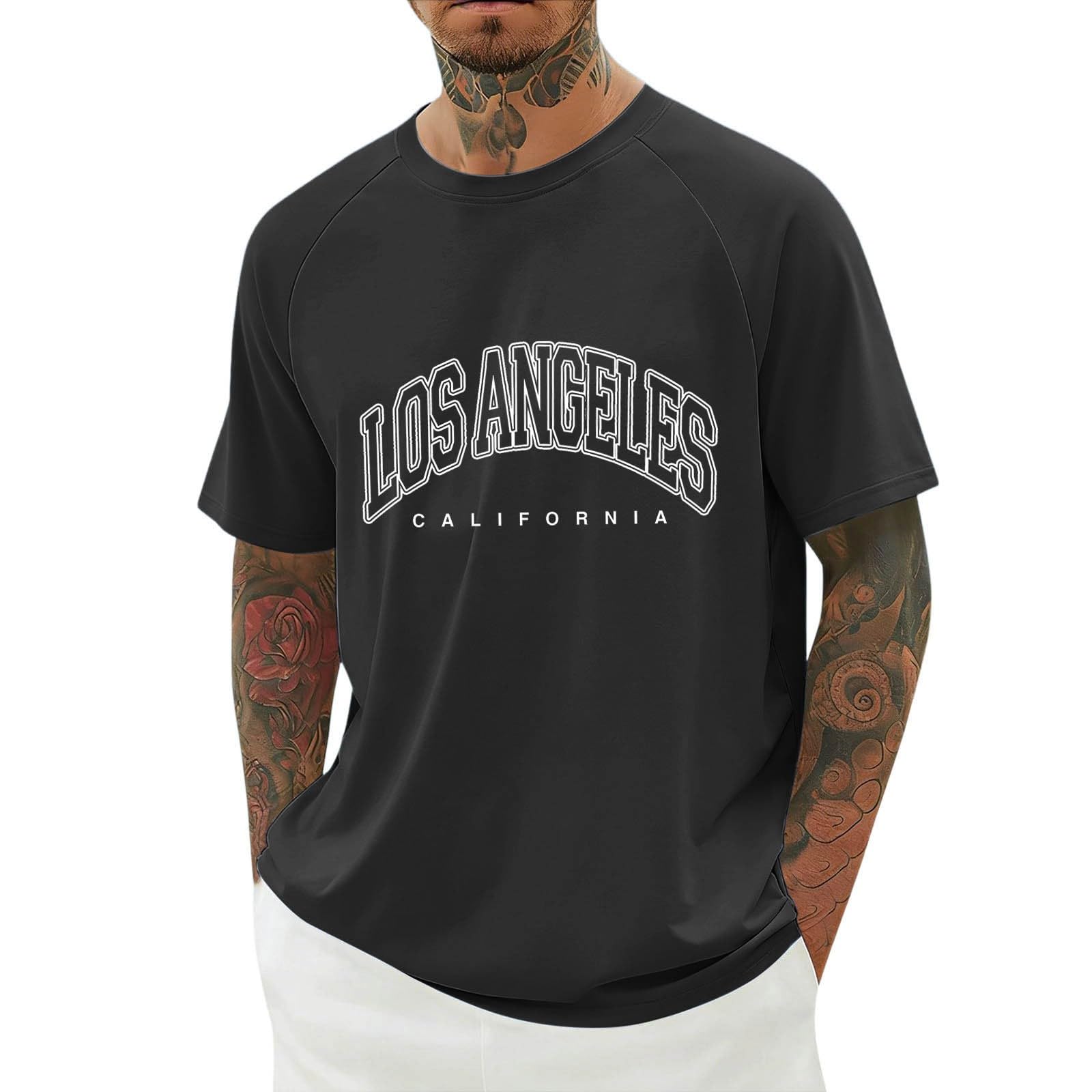 YOSUWOAI T-Shirts for Men, Los Angeles Print T-Shirt, Summer Short Sleeve Crew Neck Tops, Men's Casual Sports Shirt, Loose Tee Shirts, Streetwear, Comfortable, Breathable, Short Sleeve Shirt, O Black