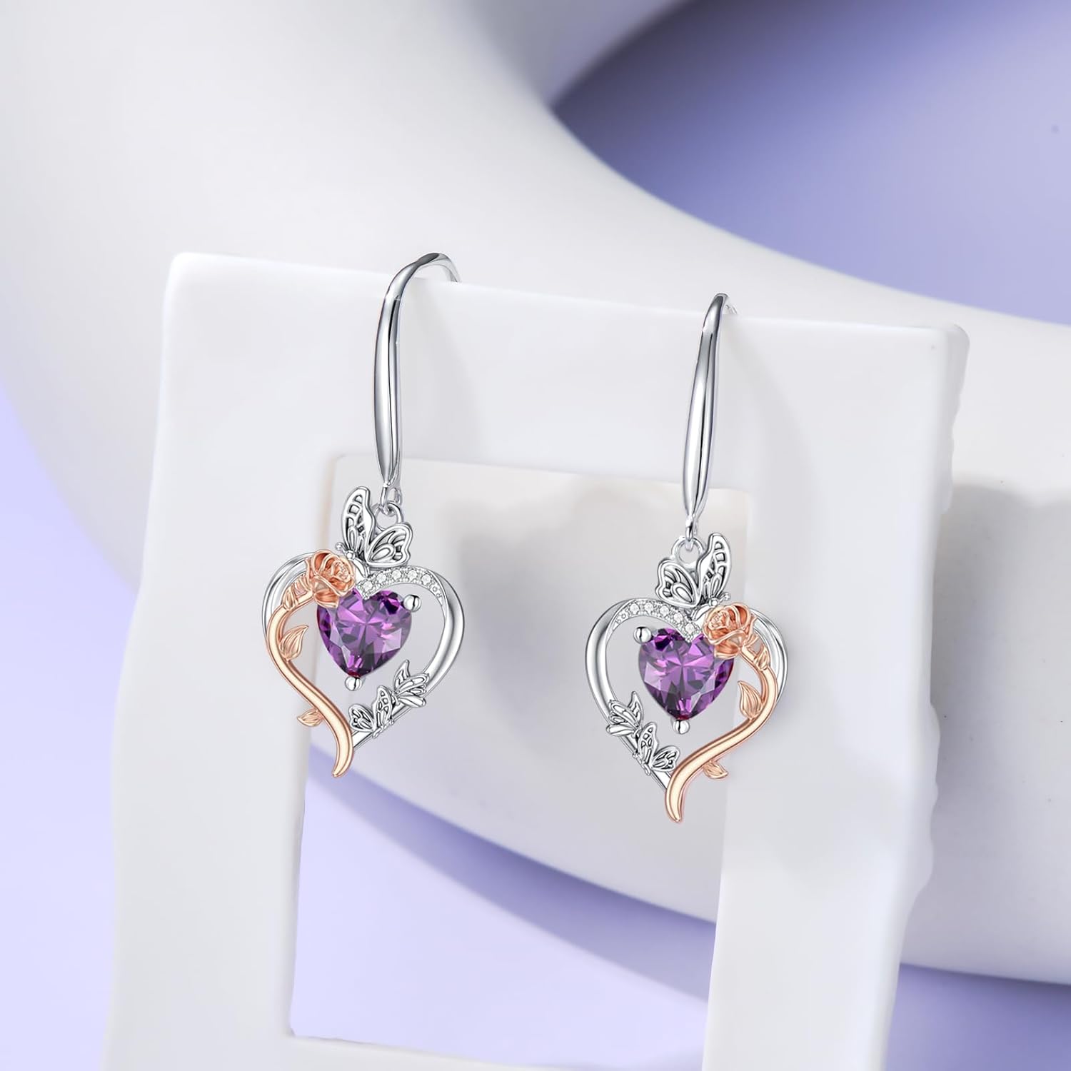 TOUPOP Rose Heart Birthstone Earrings 925 Sterling Silver Butterfly Earrings Love Jewelry for Women Anniversary Valentines Day Birthday Gifts for Her Girlfriend Wife Mom - Image 5