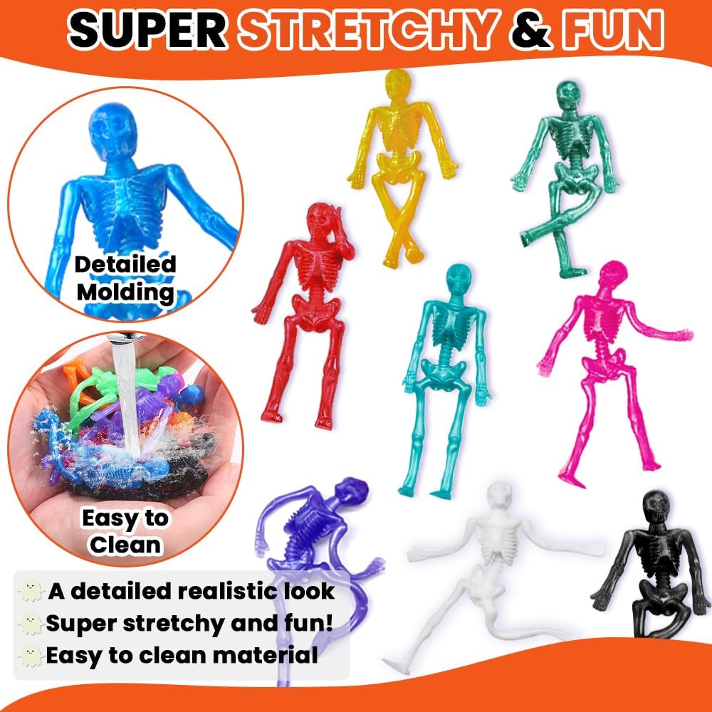 JOICEE 120Pcs Halloween Stretchy Skeleton Toys, 12 Assorted Color Squishy Stretchy Skull Toys Bulk for Kids Boys Girls Party Favors Happy Halloween Goody Bag Fillers Halloween Sticky Hands Toys