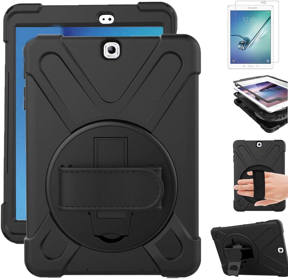 for Samsung Galaxy Tab S2 9.7 Case with Screen Protector, Hand Strap, Rotating Stand for Kids, Heavy Duty Defender Protective Kickstand Cover for Samsung Tab S2 9.7" Tablet SM-T810 T813, Black
