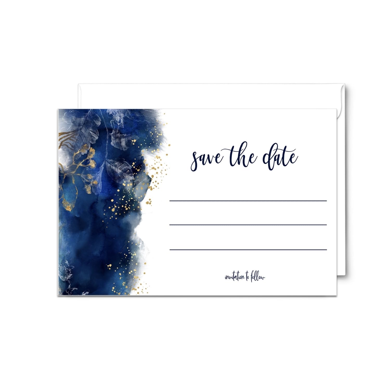 Paper Clever Party Azul Save the Date con sobres, tarjetas para todas las ocasiones para invitaciones de boda, cumpleaños, graduación, acuarela dorada floral, 3.5 x 5, paquete de 25