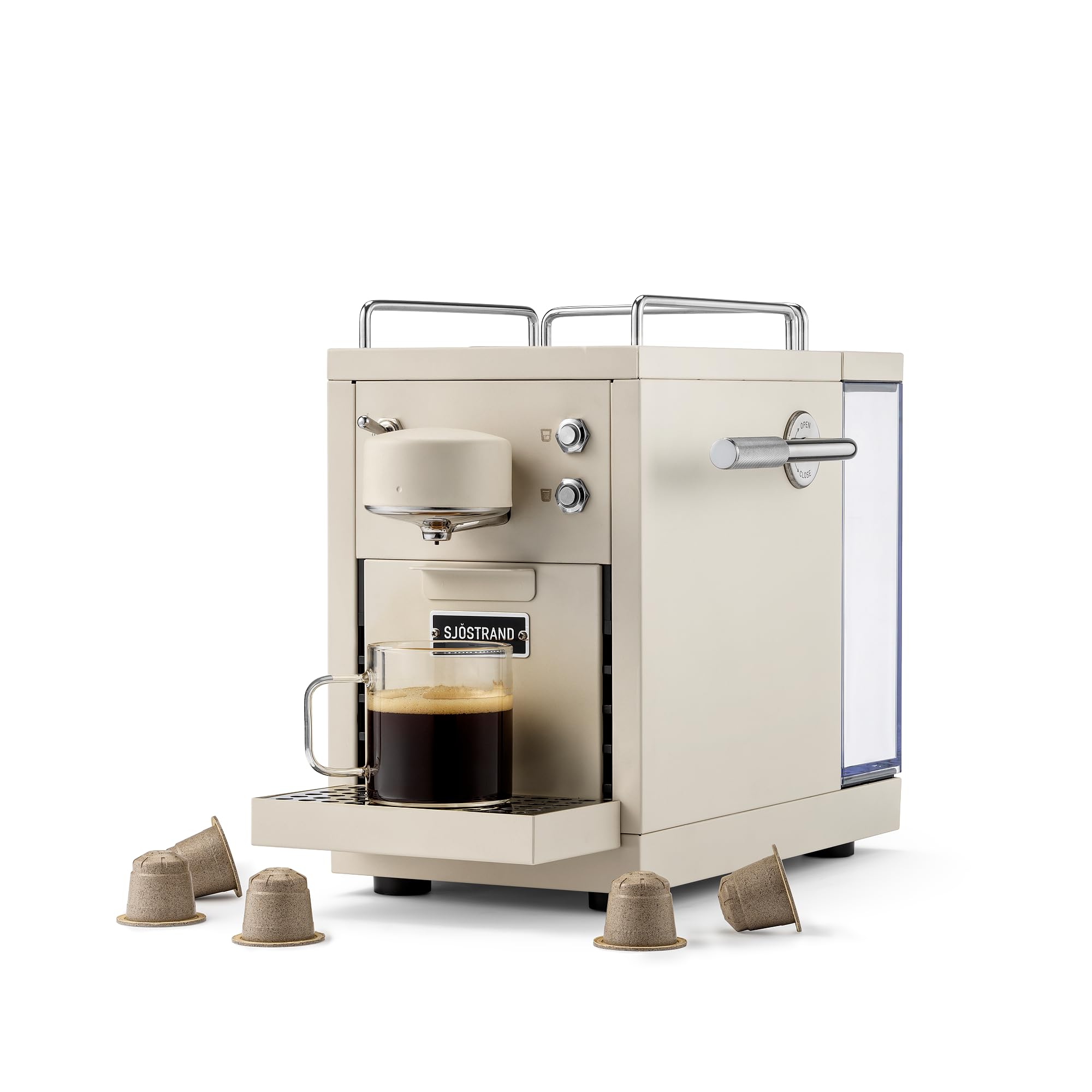 La cafetera original 2 en beige – máquina de cápsulas compatible con Nespresso®, carcasa de acero inoxidable, diseño escandinavo, duradero y reparable