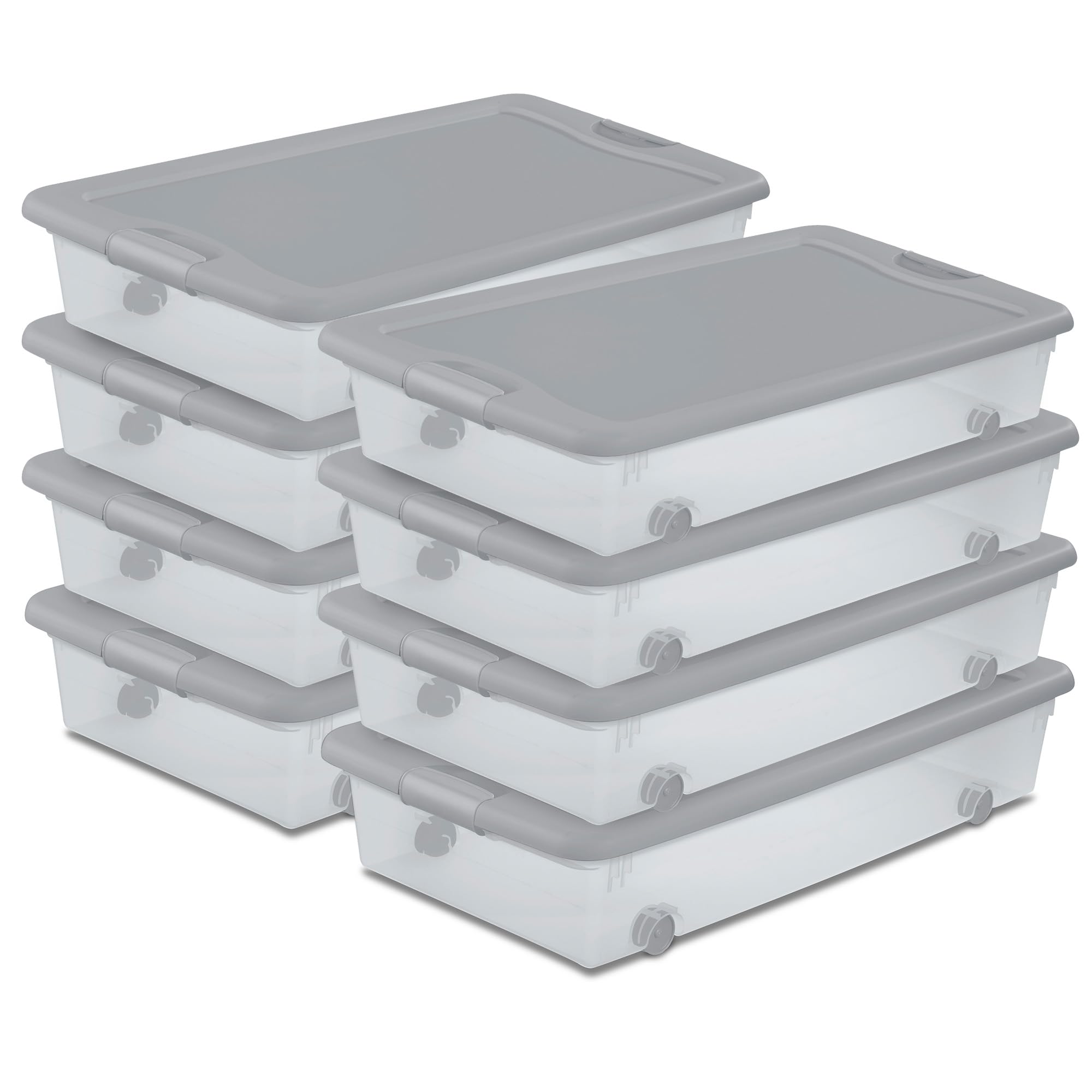 Sterilite 8-Pack Wheeled Latching Box, Under Bed Storage Containers, 56 Qt, Silver - Stackable Plastic Organizer Bins with Lids for Clothes, Shoes, Craft, and Bedroom Organization