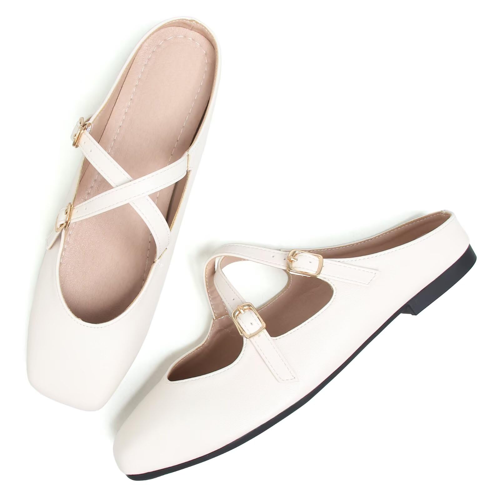VFDB Women Mules Elegant Dressy Flats Closed Toe Microfiber Leather Shoes Adjustable Buckle Strap Mary Jane Casual Office Shoes