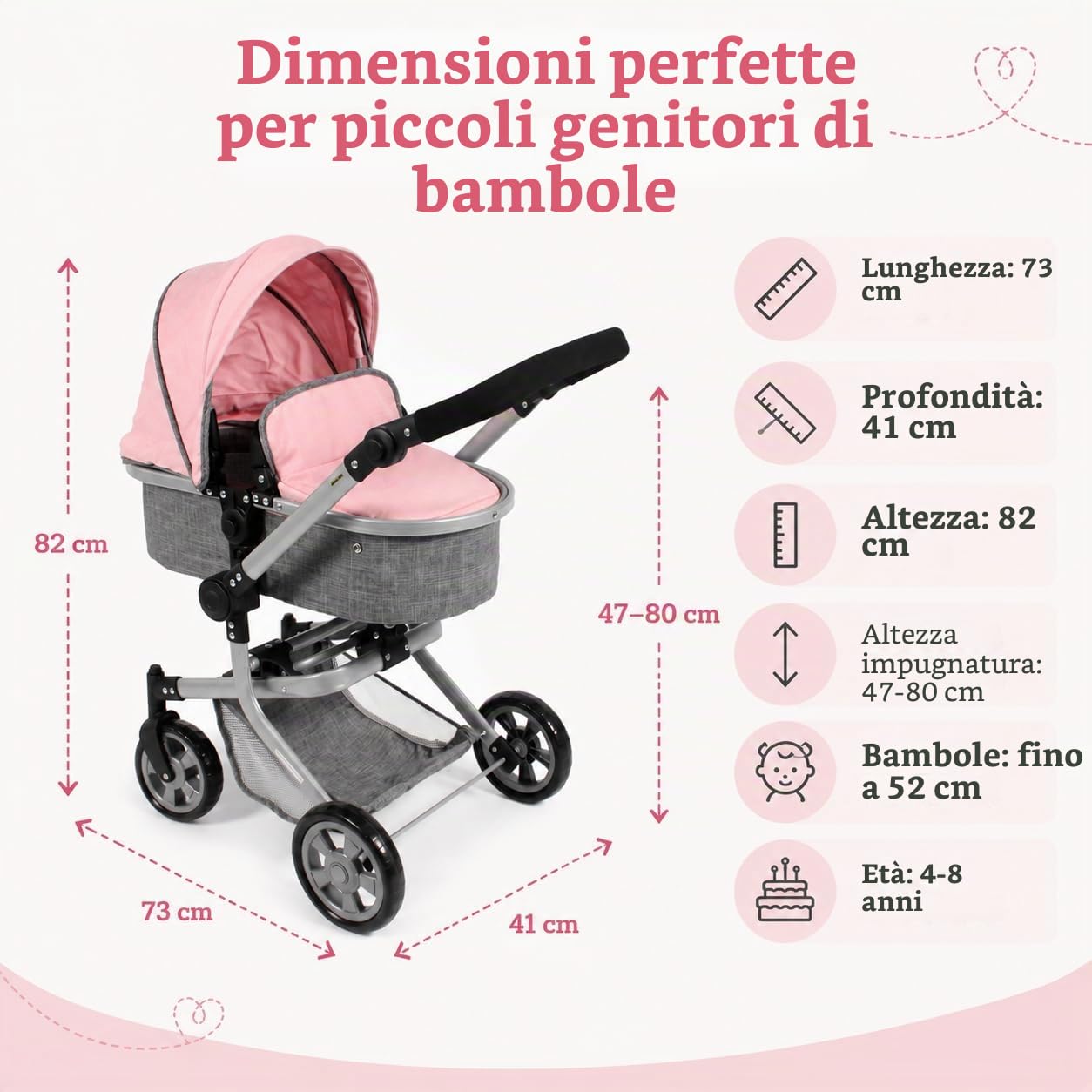 Bayer Chic 2000 - Passeggino per bambole Mika, 2 in 1 per bambini dai 4 agli 8 anni, grigio melange rosa, 73 x 41 x 82 cm