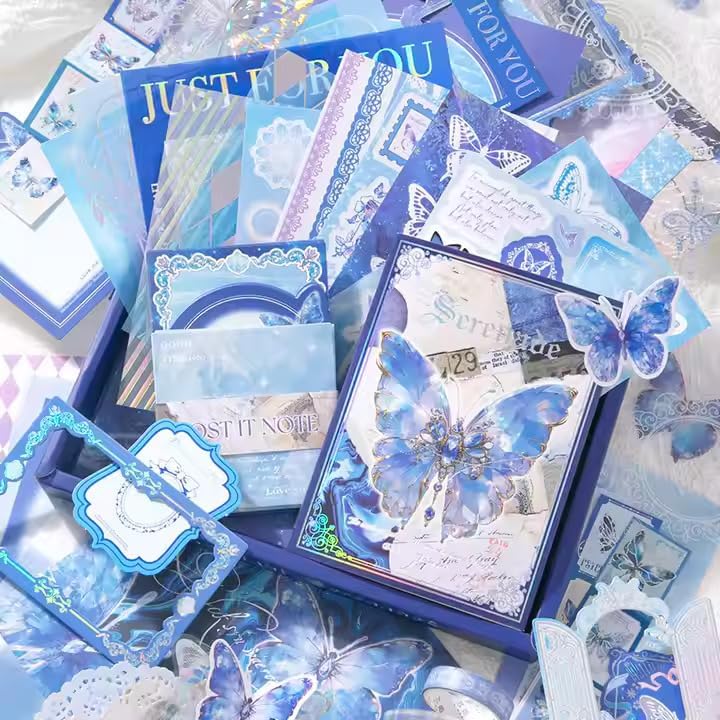 Image of VIBE VISTA Vintage Aesthetic Scrapbook Kit,346 Pcs,A6 Grid Notebook,Washi ,Envelopes, Scrapbook Papers, Folding Labels, Background Papers, Photo Frames, Calendar Stickers, Stickers (Blue Butterfly)