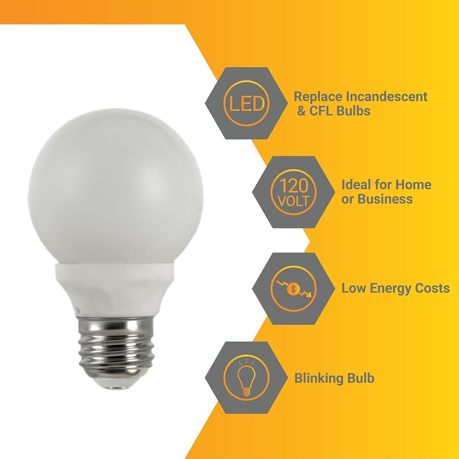 Diodesy- A19 LED Blinking Light Bulb Plug and Play 5W (40W Equivalent) 3000K Soft White E26 Base 500 Lumens Non-Dimmable Frosted Blinker Flashing Feature for Signs Party Decoration Bar Pack of 3
