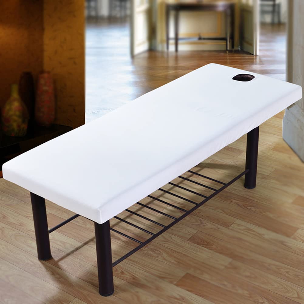 2 lenzuola per lettini da massaggio, con foro universale per il viso, con angoli elasticizzati, per SPA e salone di bellezza per il viso, (colore: bianco)