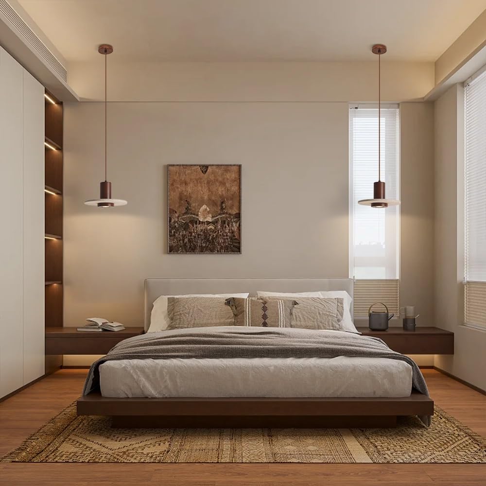 Lámpara colgante de travertino natural con cordón ajustable for colgar, lámpara colgante de madera maciza con un solo cabezal, casquillo E27 Wabi Sabi(Walnut,20cm)