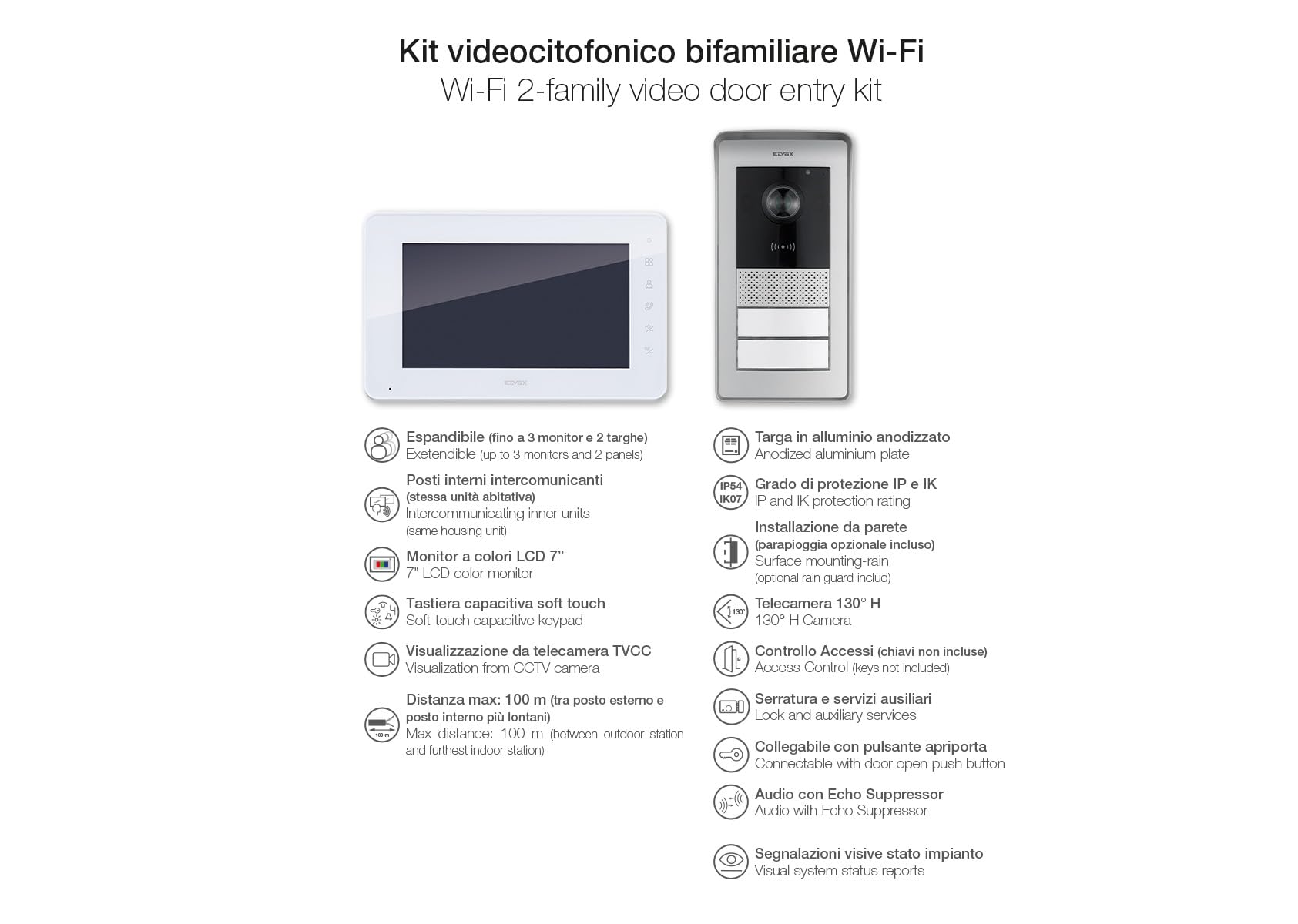 VIMAR K42931 Kit visiophone 2 familles pour Pose en saillie avec: 2 interphone, Platine de Rue à 2 Boutons, 2 alimentations DIN, étriers de Fixation, Contrôle des accès RFID, Écran 7 Pouces