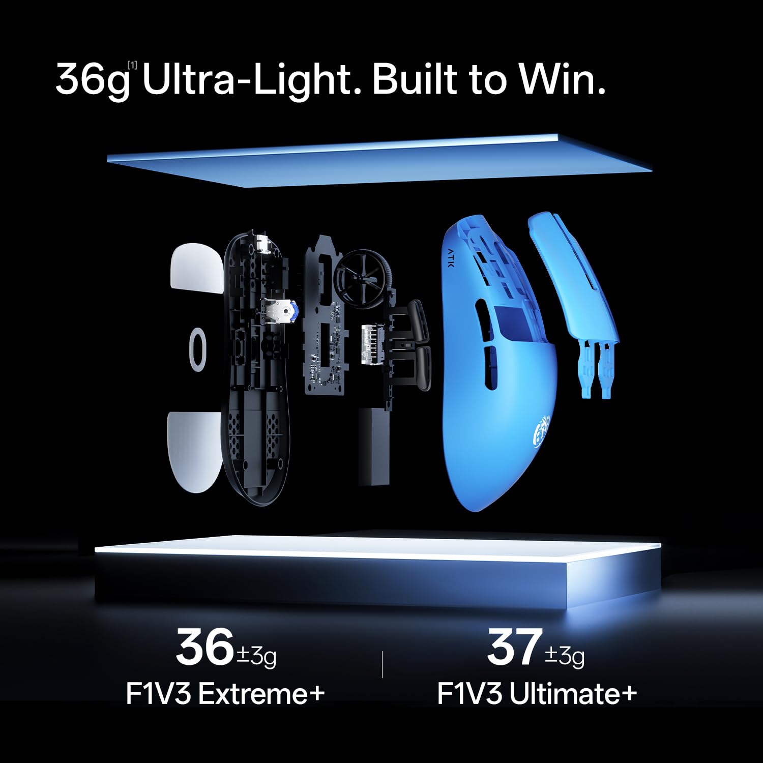 ATK Blazing F1 V3 Ultimate+ Souris de jeu sans fil, capteur maître PAW3955, DPI jusqu'à 50 000, 37 g légère, 300 heures d'autonomie, revêtement nano, double mode 2,4 G/filaire – Bleu perle