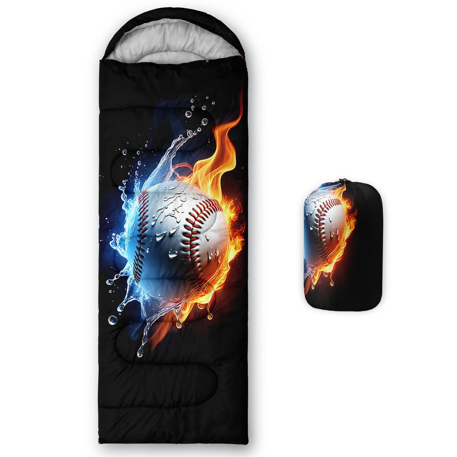 QOOMO Fire and Water Baseball Printed Camping Sleeping Bags,3 Season Warm & Cool Weather,Lightweight,Waterproof Sleeping Bags for Adults & Kids,Traveling,and Outdoors,Camping Gear Equipment,31x90inch