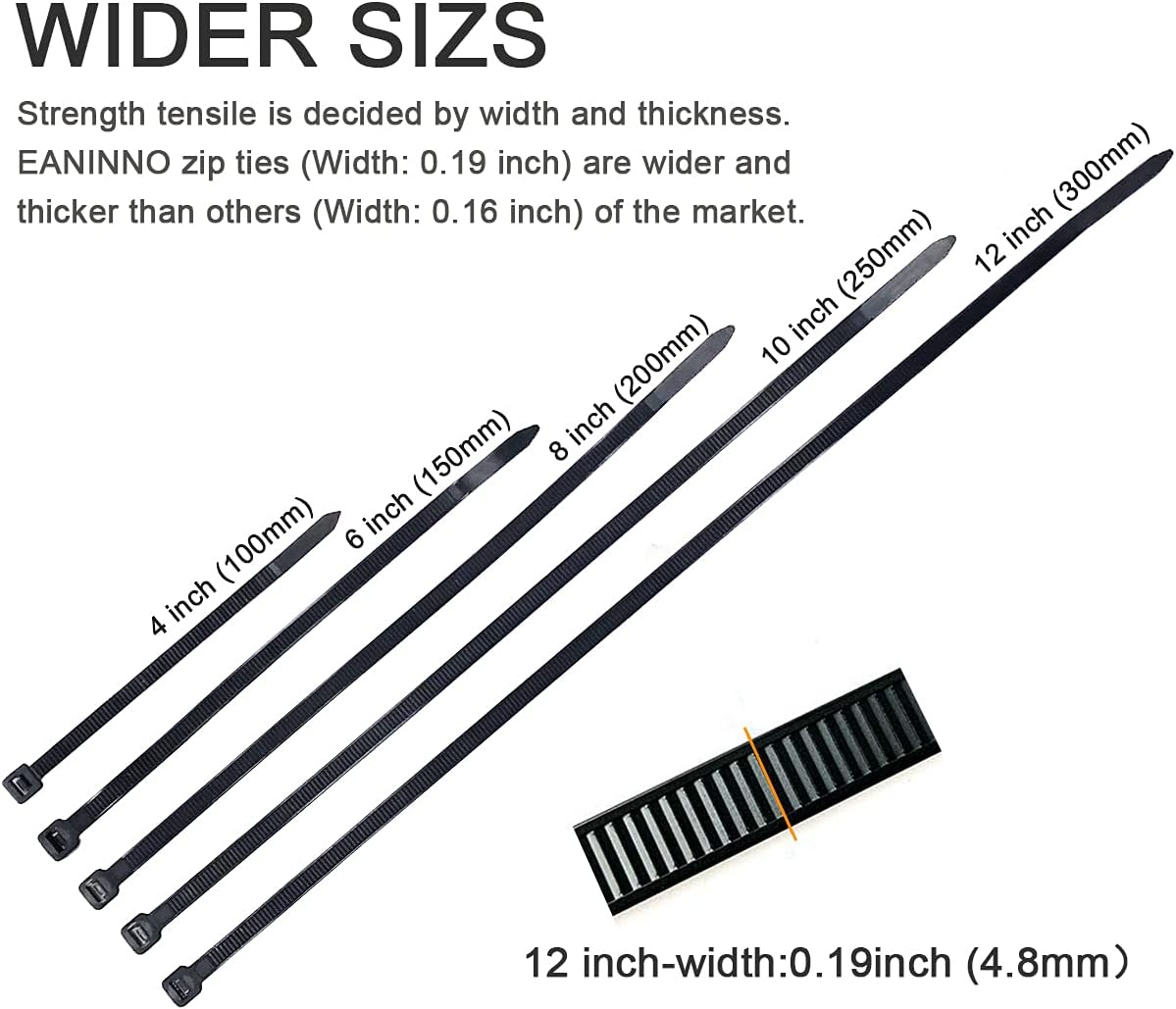500 Pack Zip Ties Assorted Sizes, 4-6-8-10-12 inch Wire Tie Wraps, EANINNO Black Plastic Nylon Cable Tie 50 pound, UV & Heat Resistant Indoor Outdoor Multi-purpose