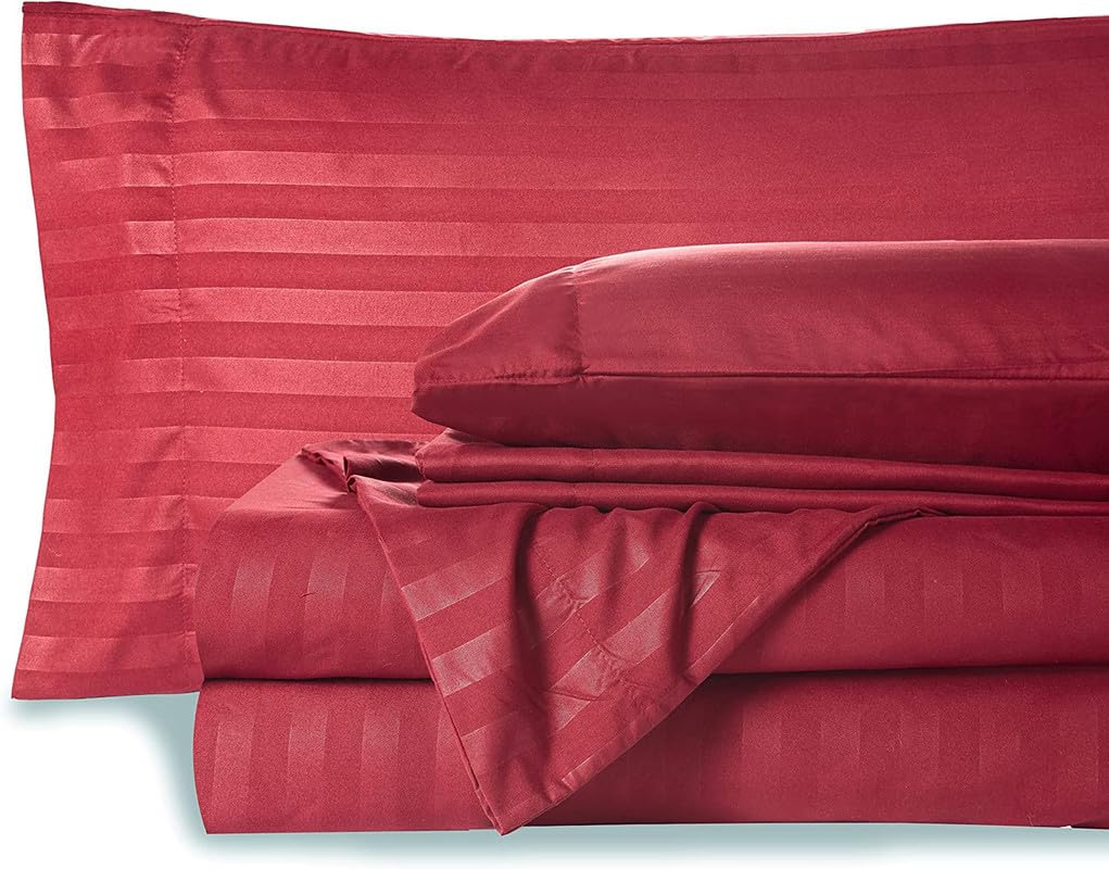 600 Thread Count (35cm) Deep Pockets – 100% Egyptian Cotton Bed Sheets 6 Piece Set, Hotel Quality & Breathable Cotton Sheets - Burgundy Stripe, Super King Size.