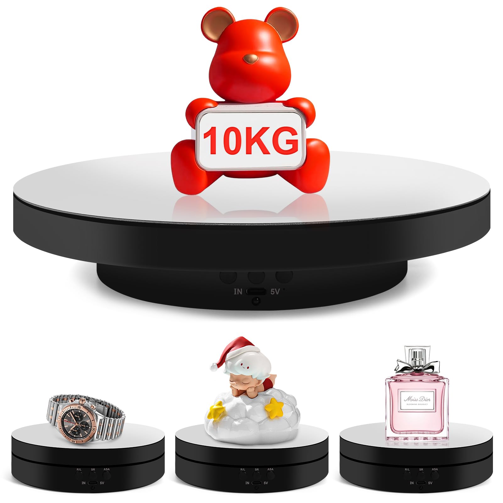 Piattaforma Girevole Elettrica 360°,Piattaforma Rotante Automatica USB per Gioielli,Orologi,Prodotti Digitali,Velocità Regolabile Espositore Girevole Elettrico con 2 Pannelli di Sfondo (Nero)